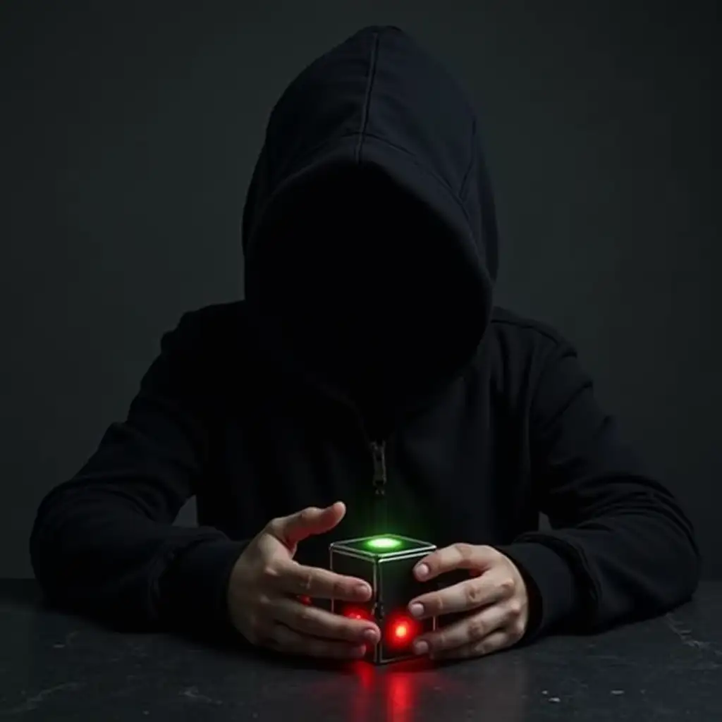 A mysterious boy, wearing a deep black hood, sits concentrated. His face remains completely invisible, wrapped in shadows. His skillful hands turn a colored magic cube, reflecting the light. The environment around is neutral, emphasizing the focus on the boy and the cube. The black hood creates an air of mystery, increasing curiosity.