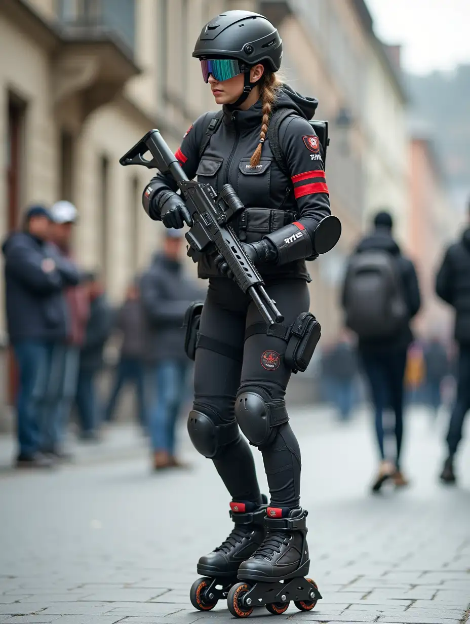 a 17 year old airsoft geared woman at a distance, she is skating on a street, holding a weapon, ordinary people in background, clothes have racing colors, she is wearing lots of functional sportswear, cycling gloves, airsoft helmet with transparent visor over eyes, smartwatch, thick plastic knee pads, modern inline skates with complete organized wheels