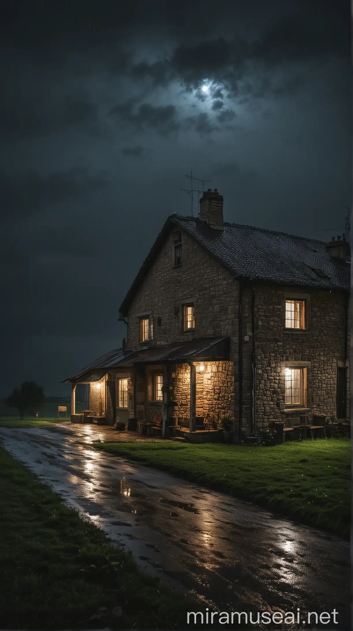 Rural House at Night in Rainy Weather with Dark Sky