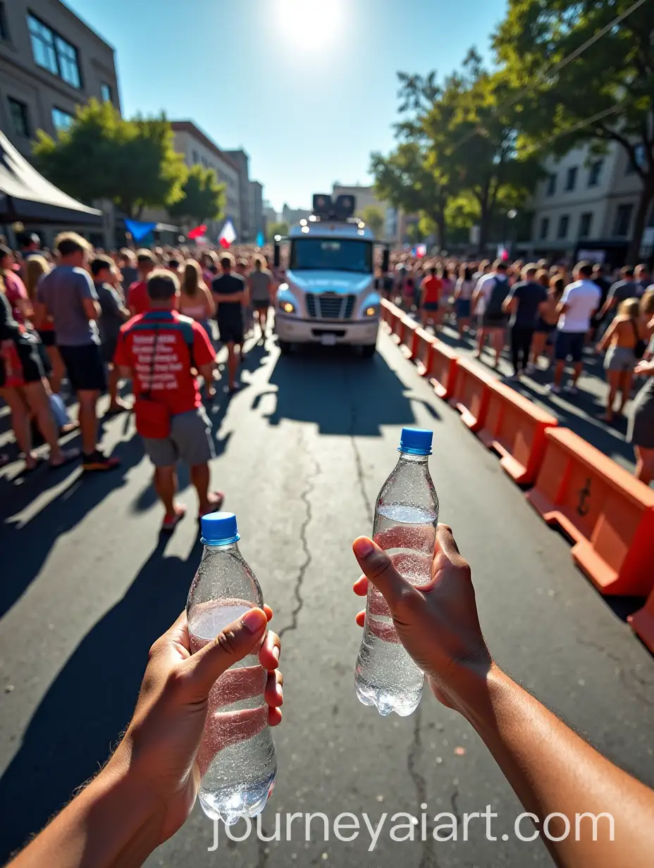 Man-Holding-Water-Bottle-and-Protest-Sign-Among-Crowded-Demonstrators