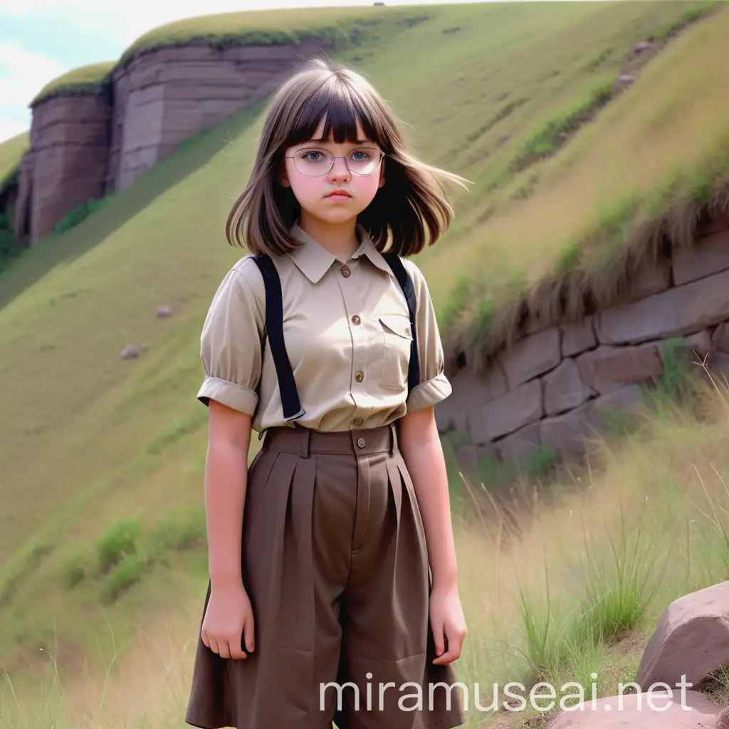 Indifferent Teenage Girl in Cadet Dress Standing on Hill