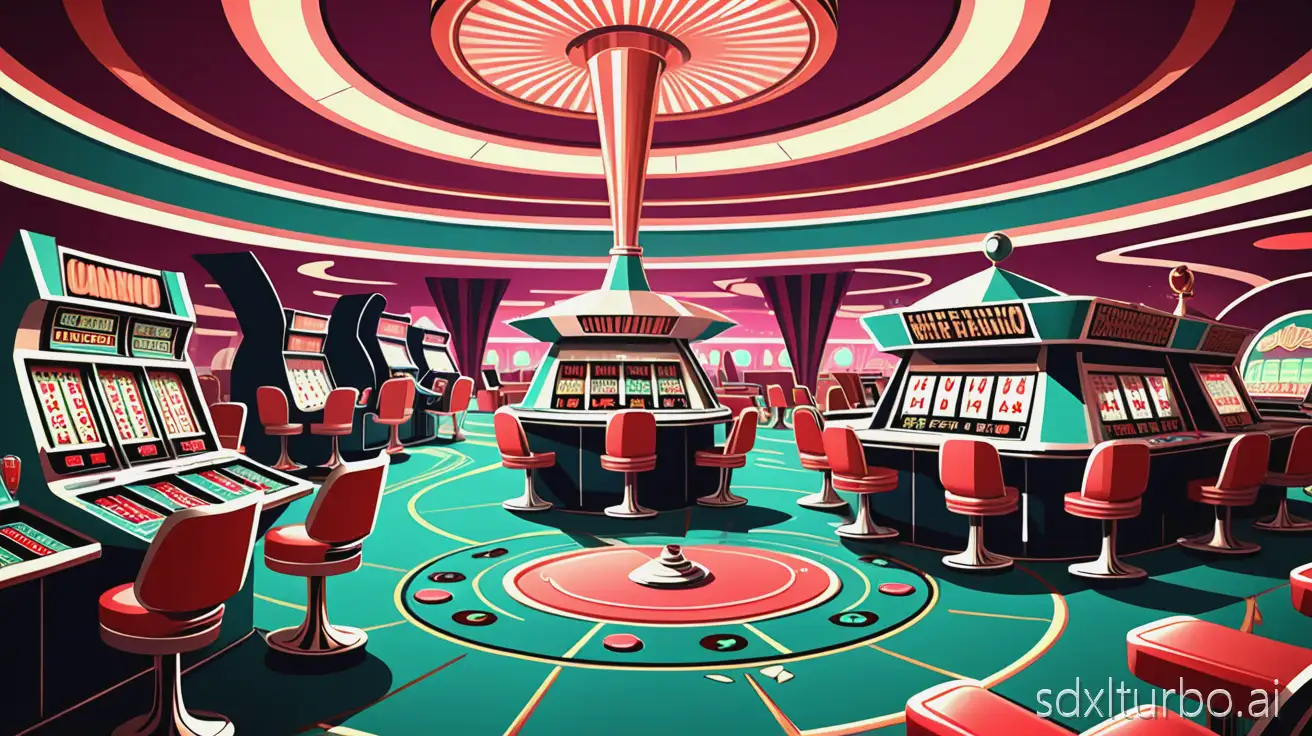 generate a casino interior based on 1950s retrofuturistic spaceage vegas, no text in image, comic style art