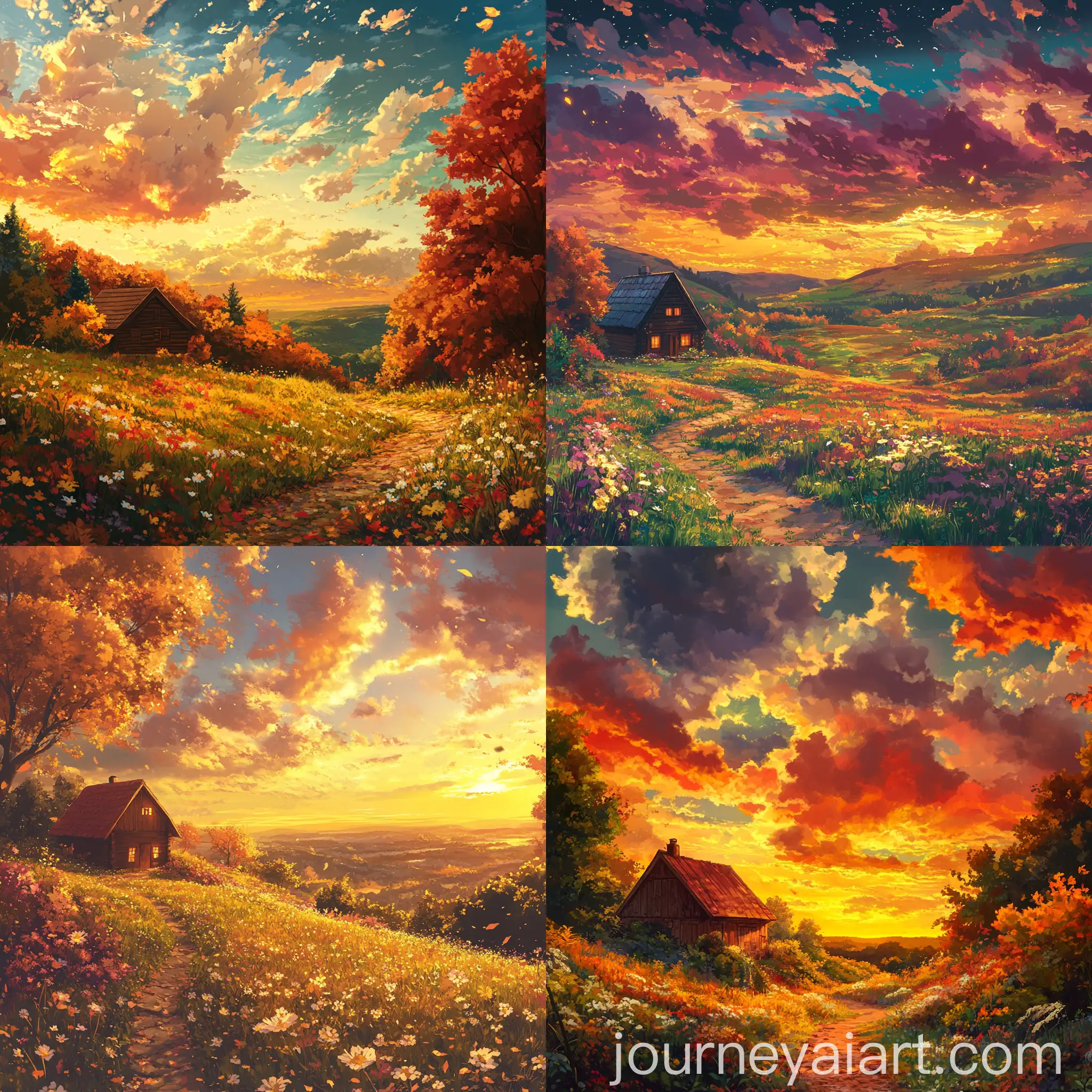 Vibrant-Autumn-Landscape-with-Cozy-Cabin-and-Dramatic-Sky