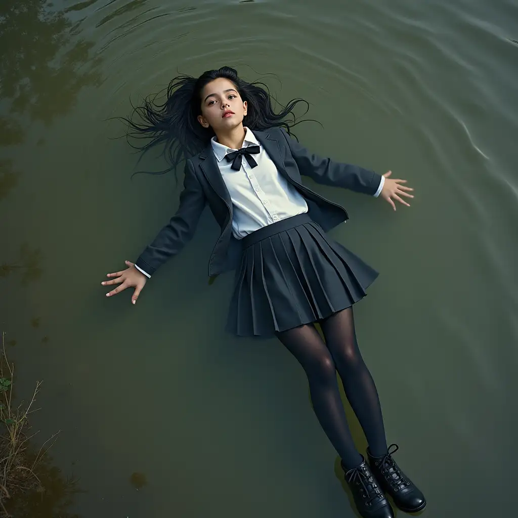 A young schoolgirl in a school uniform, in a skirt, jacket, blouse, dark tights, high-heeled shoes. She is swimming in a dirty pond, lying underwater, all her clothes are completely wet, wet clothes stick to her body, the whole body is underwater, submerged in water, under the surface of the water, below the water's edge.