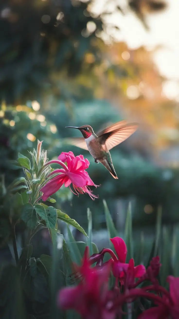 Midjourney Prompt: Close-up photograph of a ruby-throated hummingbird, wings in motion blur, hovering in front of a vibrant fuchsia flower, soft dreamy focus, bokeh background of a lush green garden, golden hour lighting, art photography style, ethereal atmosphere --ar 16:9 --style raw --v 6