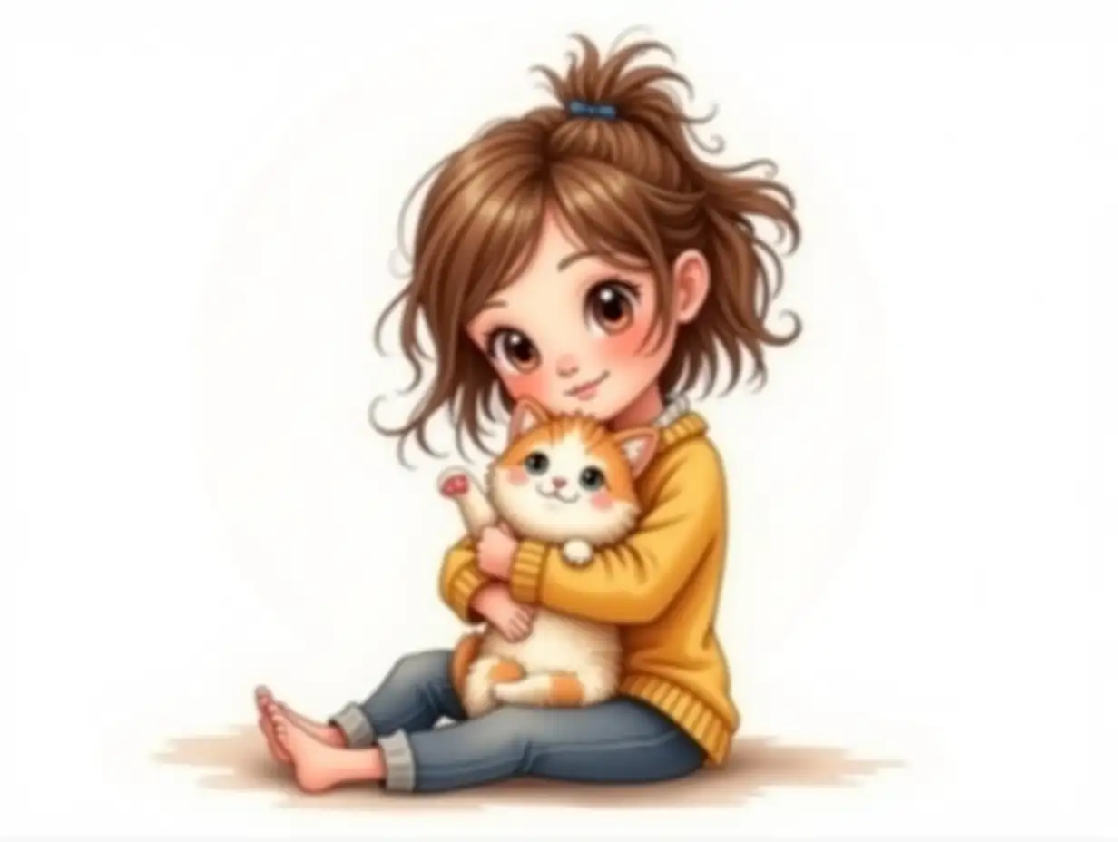 Pixar-style watercolor illustration depicting a full-length girl with a warm smile, holding a fluffy cat in her arms. The characters sit on the floor and are full of life, with exaggerated but adorable facial features, and bright, rich colors. The girl is wearing a cozy sweater, and the cat and the girl have big expressive eyes. The background is pure white.Bright lighting and a slightly whimsical atmosphere add charm and warmth to this scene.Watercolor, Pixar-inspired design, smooth shadows, bright colors