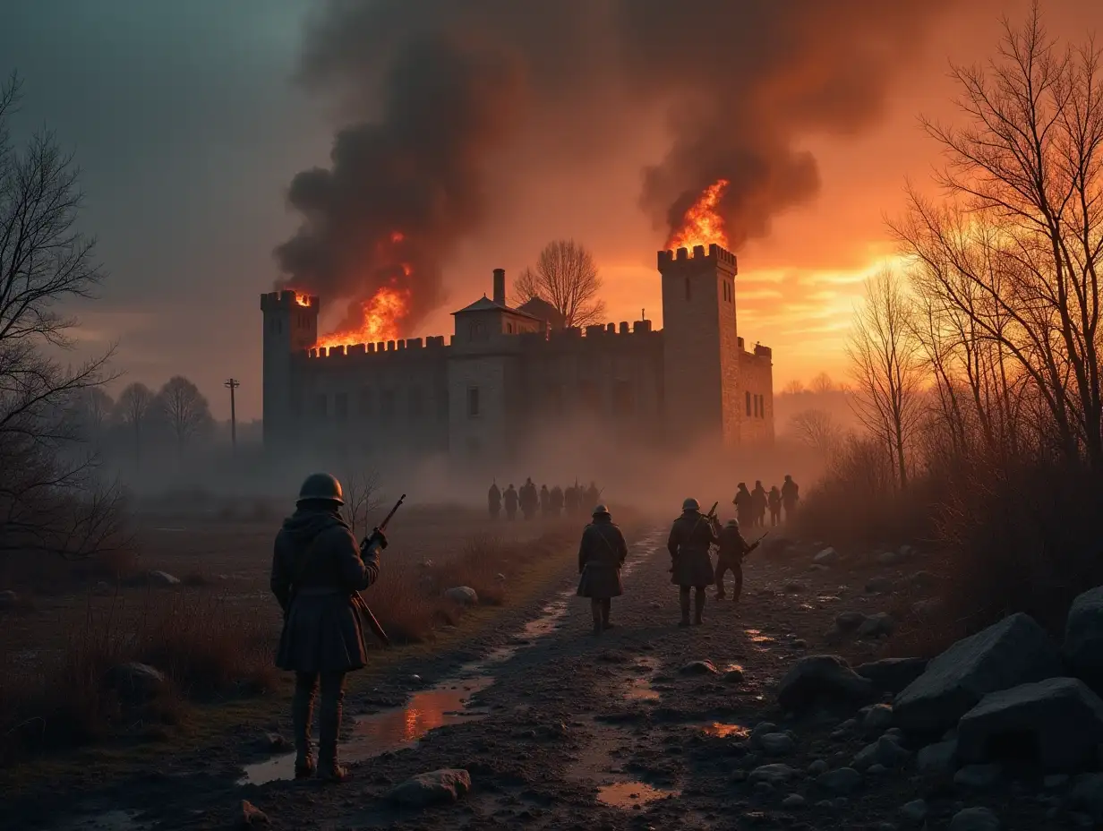 Depict a Russian fortress, surrounded by smoke and fire, with ruined walls, against a dark sky. Russian soldiers are defending, despite heavy destruction.