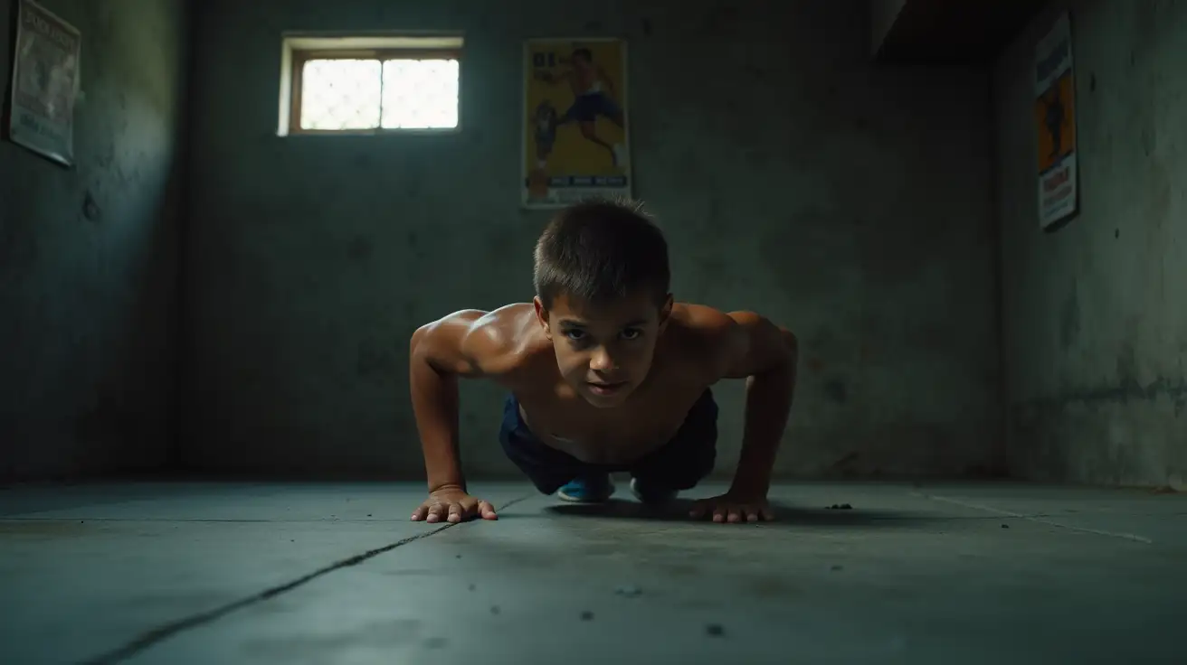 Young-Boy-Doing-Intense-PushUps-in-Dimly-Lit-Basement