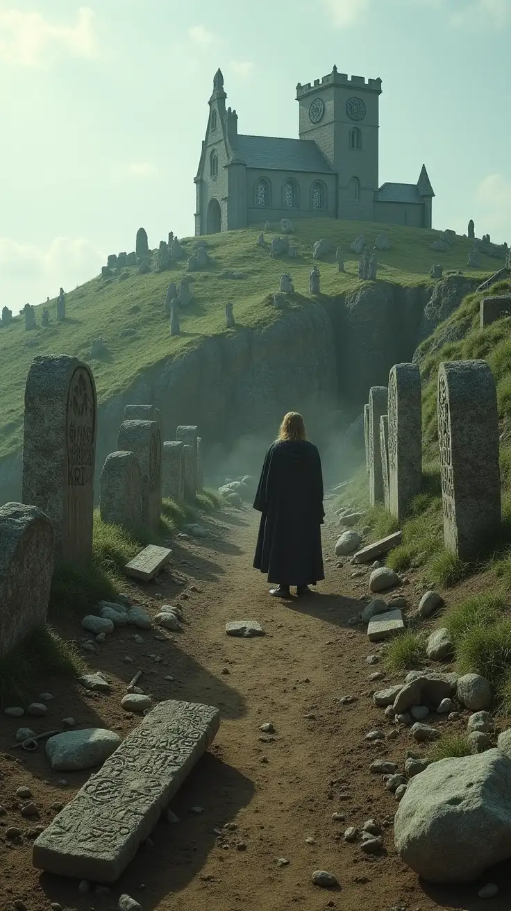 A split scene showing a sacred Celtic hilltop site, once vibrant with ritual and nature reverence, now overshadowed by a grey stone church built directly atop the ruins. In the foreground, broken torcs, discarded ritual tools, and crumbling stone carvings lie half-buried in soil. A once-vibrant Druidic figure is fading into mist—his staff dissolving, mouth open mid-story, silenced. Carved Celtic deities have been defaced or replaced with Christian saints. A monk carves Latin script into a pillar, erasing older symbols. On the horizon, children are taught from books, their native tongue replaced by foreign instruction. The whole image conveys a haunting quiet—like the breath has been stolen from the land. Style: Cinematic, symbolic realism Lighting: Muted daylight with shadows creeping in Mood: Mournful, heavy, contemplative Perspective: Wide with layered focus—from broken objects to distant horizon Symbols: Crumbling gods, repurposed sacred site, Latin replacing ogham, silent storyteller, fading language