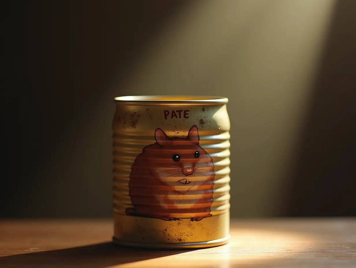 Sealed metal can of pate. On the side of the can you can see an image of an appetizing plump mouse. A beam of light falls on the can, there are light reflections on the can. Photorealism.