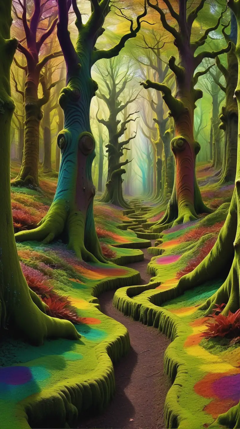 Mystical Magic Forest with Glowing Rainbow Trees and Lush Green Moss