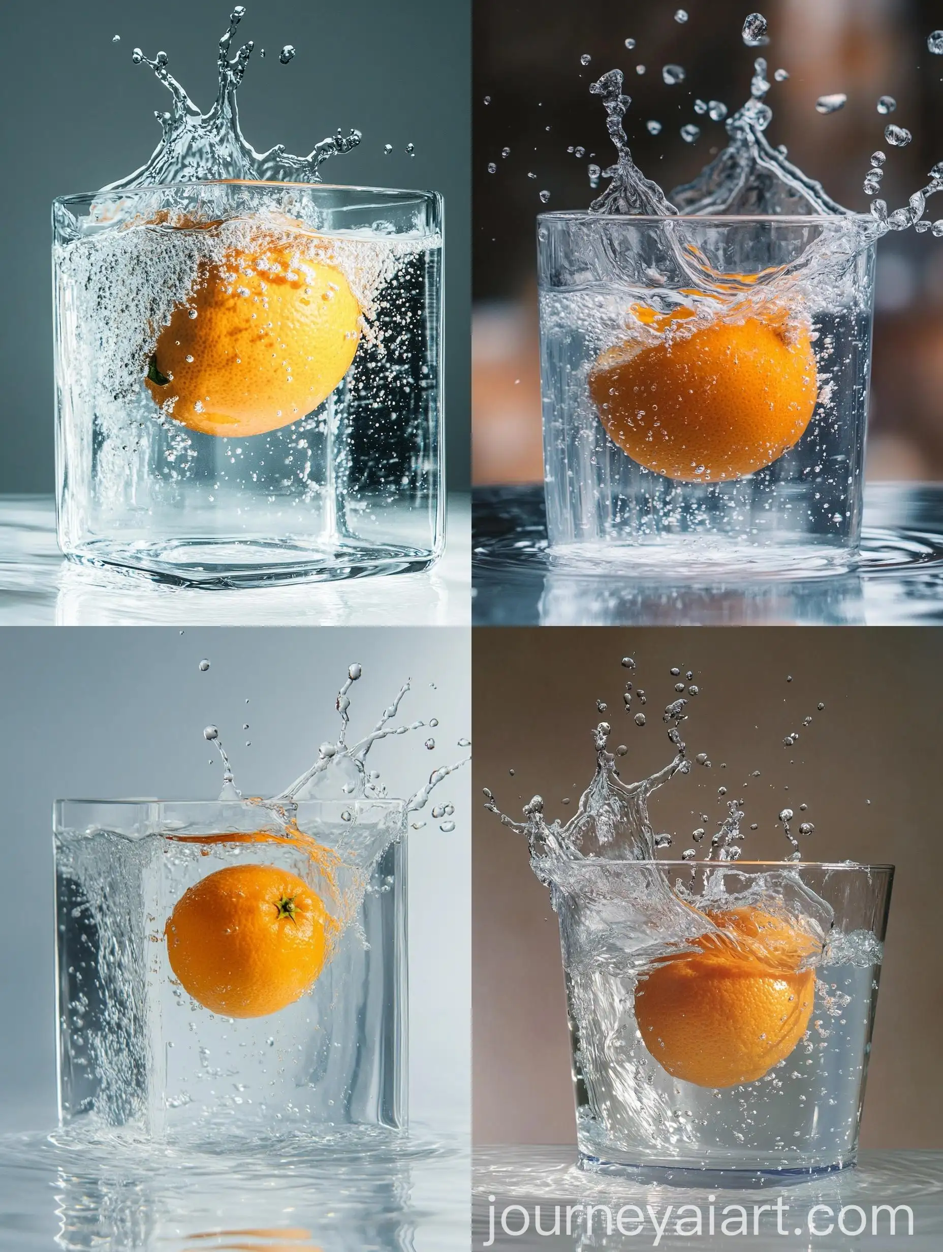 Orange-Falling-into-Water-and-Splashing-Transparent-Container-Concept