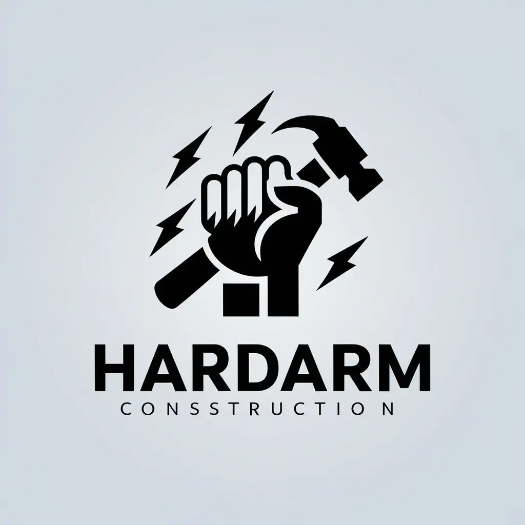 a vector logo design,with the text "HARDARM", main symbol:You need an abstract logo in which a man's hand, lightning, hammer are encrypted,Moderate,be used in Construction industry,clear background