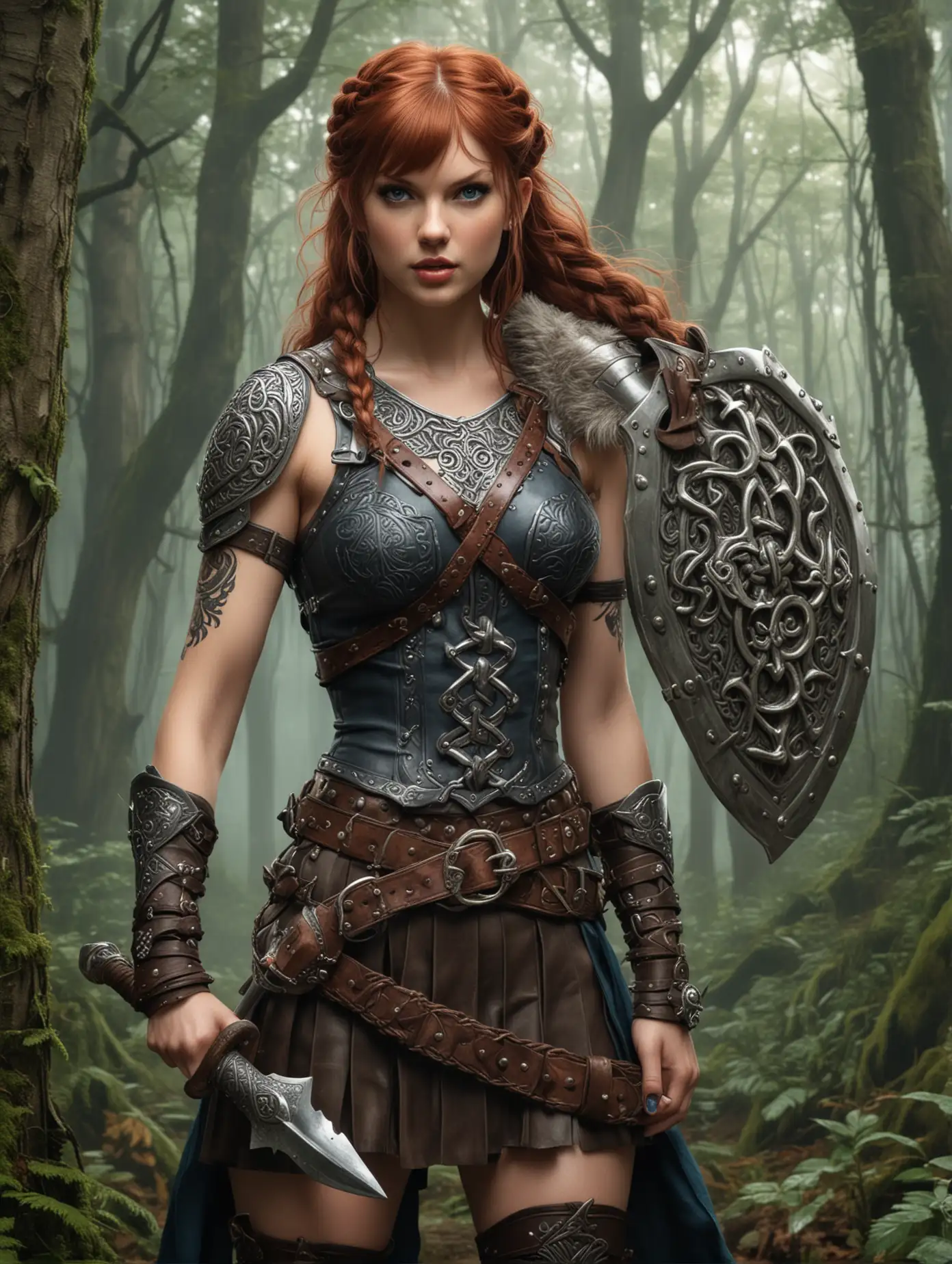 RPG fantasy/DnD style illustration of a beauty Taylor Swift as the barbarian woman, tribal tattoos on her arms, piercing blue eyes, and a large double-sided Celtic detailed battleaxe: tall, extremely muscular, in a lush forest. She holds the battleaxe over her shoulder. Other hand on her hip. Wears a chest piece with metalwork, fur accents, metal shoulder guards, bracers, a thick leather belt, and a leather skirt with metal accents. Short fire-red hair in a Celtic braid over the shoulder