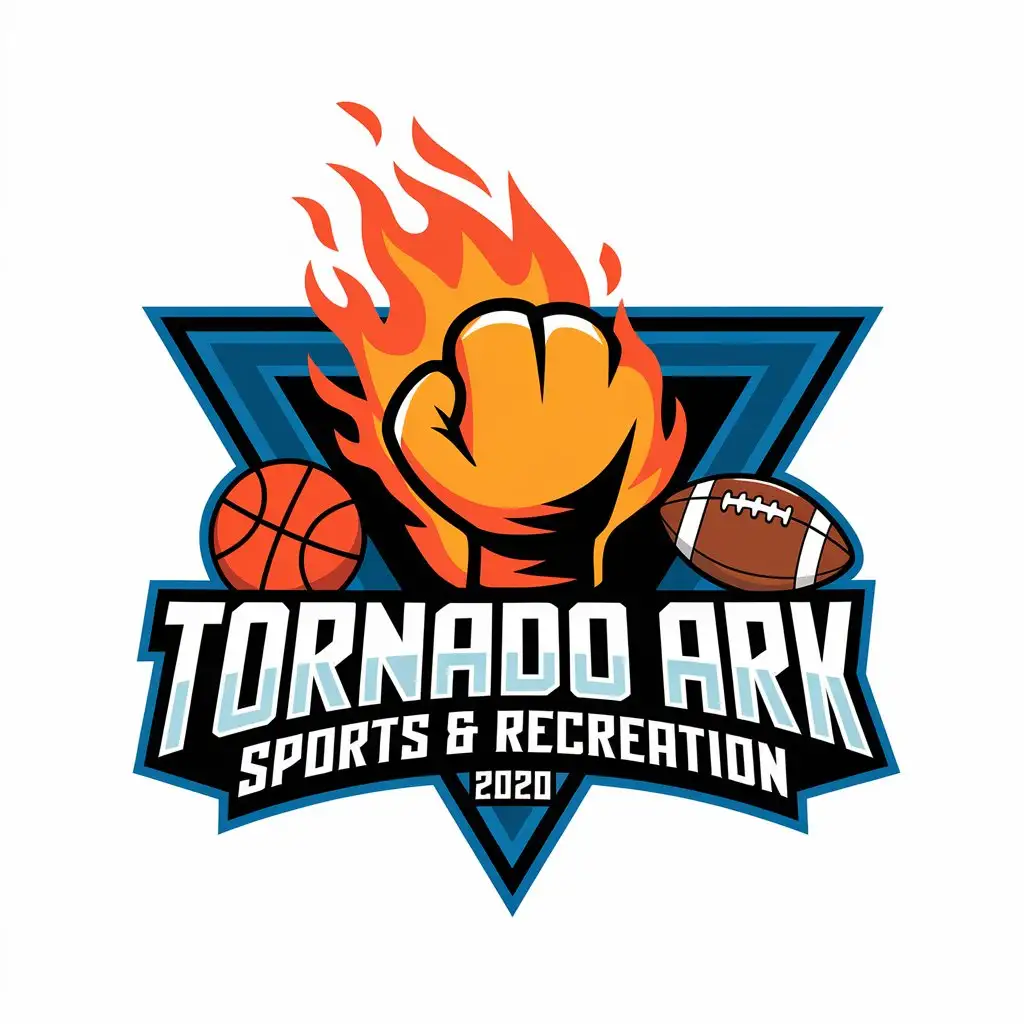 LOGO Design for Tornado Ark SPORTS RECREATION Vibrant Flames Boxing Glove Basketball and Football Elements