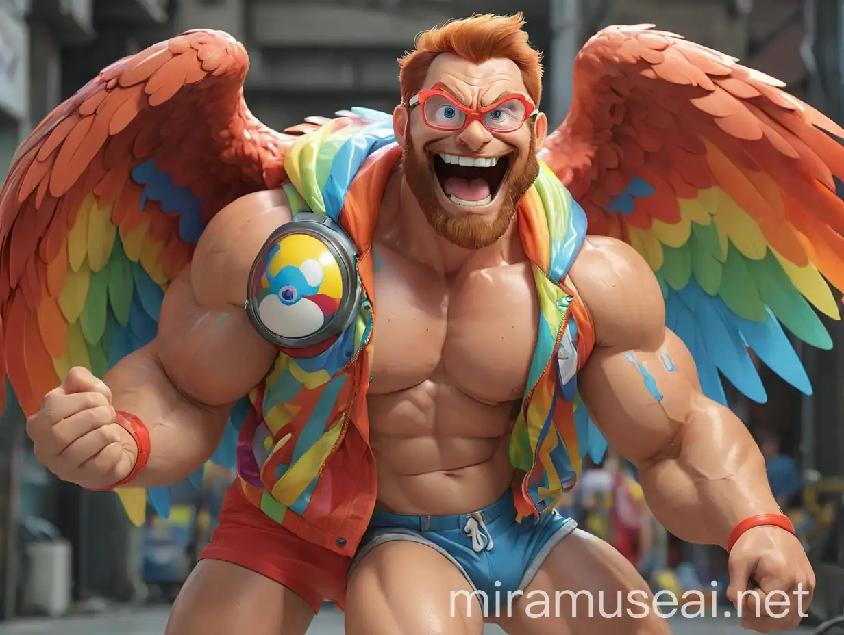 Muscular Bodybuilder Dad Flexing Arm with Rainbow Eagle Wings Jacket