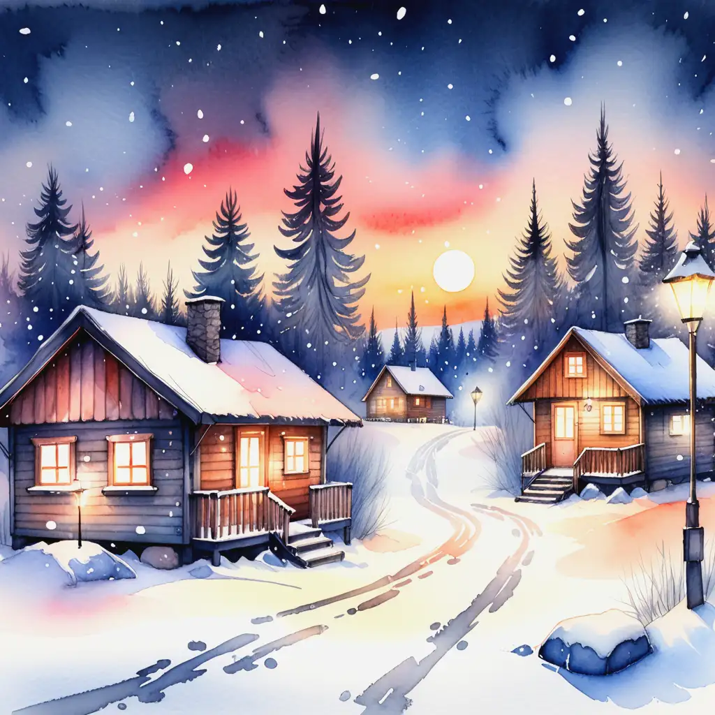 Winter-Cabins-in-Snow-at-Sunset-with-Snowfall-and-Street-Lights