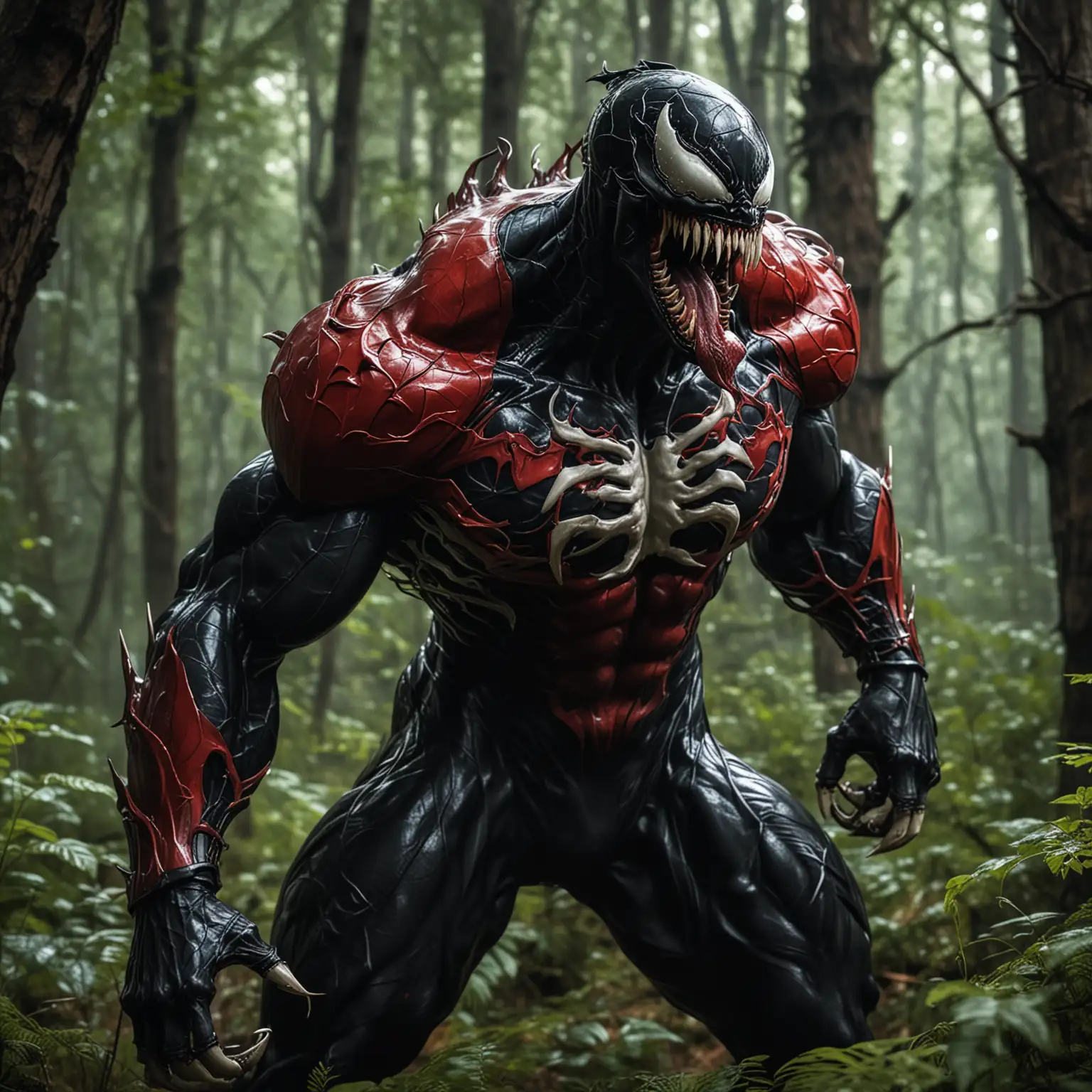 Venom with red armor, black tongue, sharp teeth, in a forest