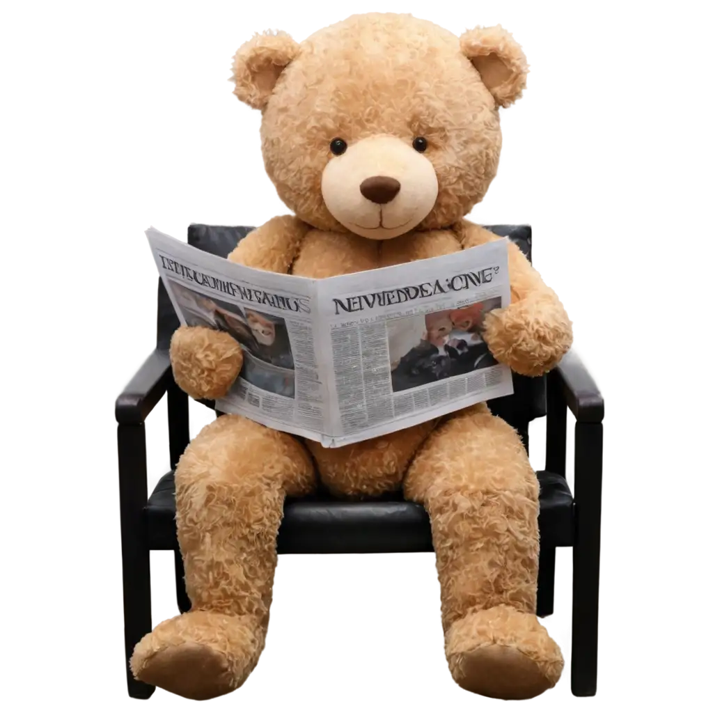 A teddy bear sitting in a chair and reading a newspaper