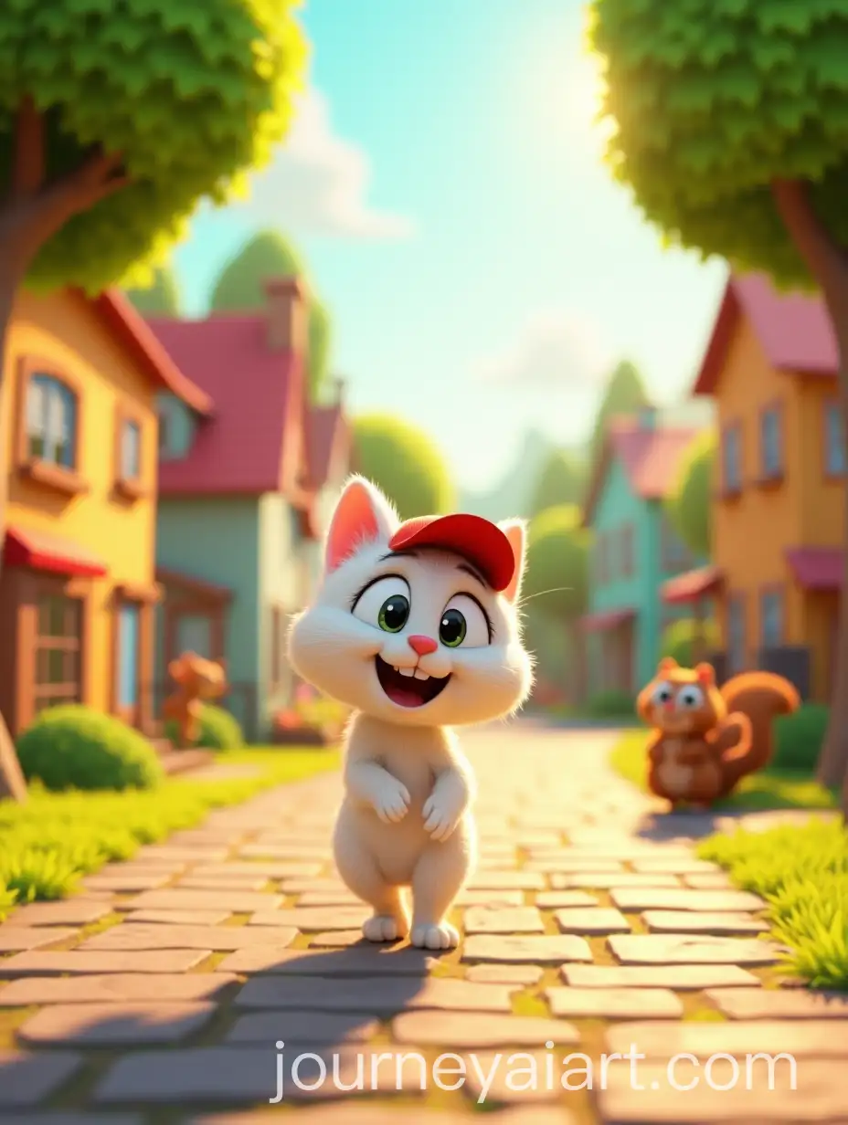 Cute-White-Cat-Milo-Enjoying-a-Cheerful-Town-Walk-with-Animals-and-Colorful-Houses