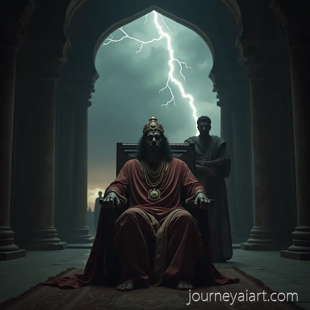 Blind-King-Dhritarashtra-on-Throne-in-StormAI-Art-Prompt-Expansiony-Palace-with-Sanjay