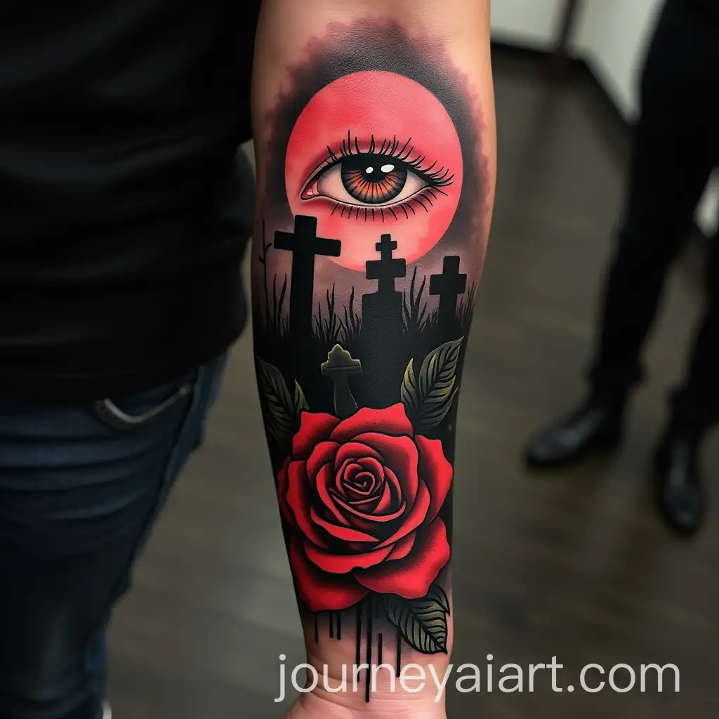 Forearm-Tattoo-Design-Featuring-Eye-Rose-and-Graveyard-in-Black-and-Red