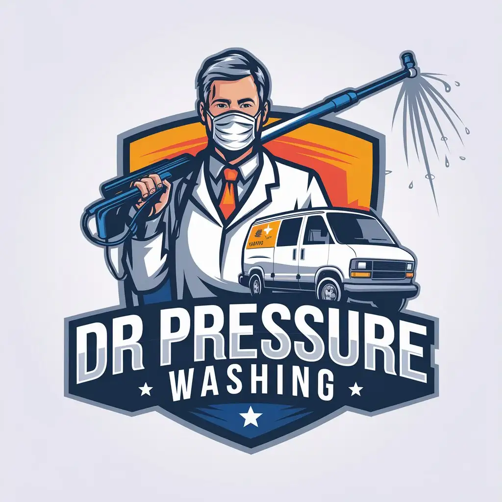 LOGO Design for DR Pressure Washing Doctor with Mask Pressure Washer and Van in Colorful Construction Theme