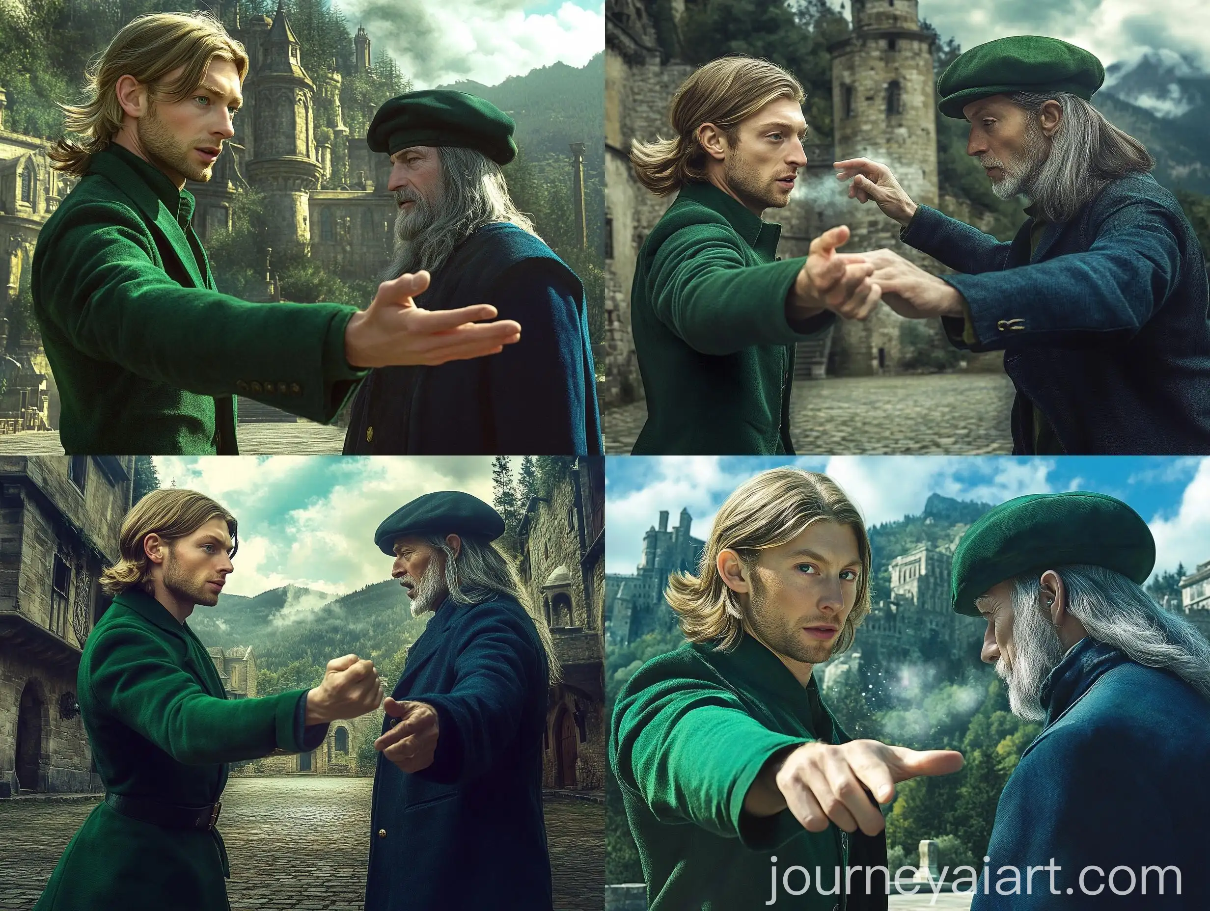 Fantasy-Battle-Between-Young-Blond-Magician-and-Old-Gray-Magician-in-Medieval-City