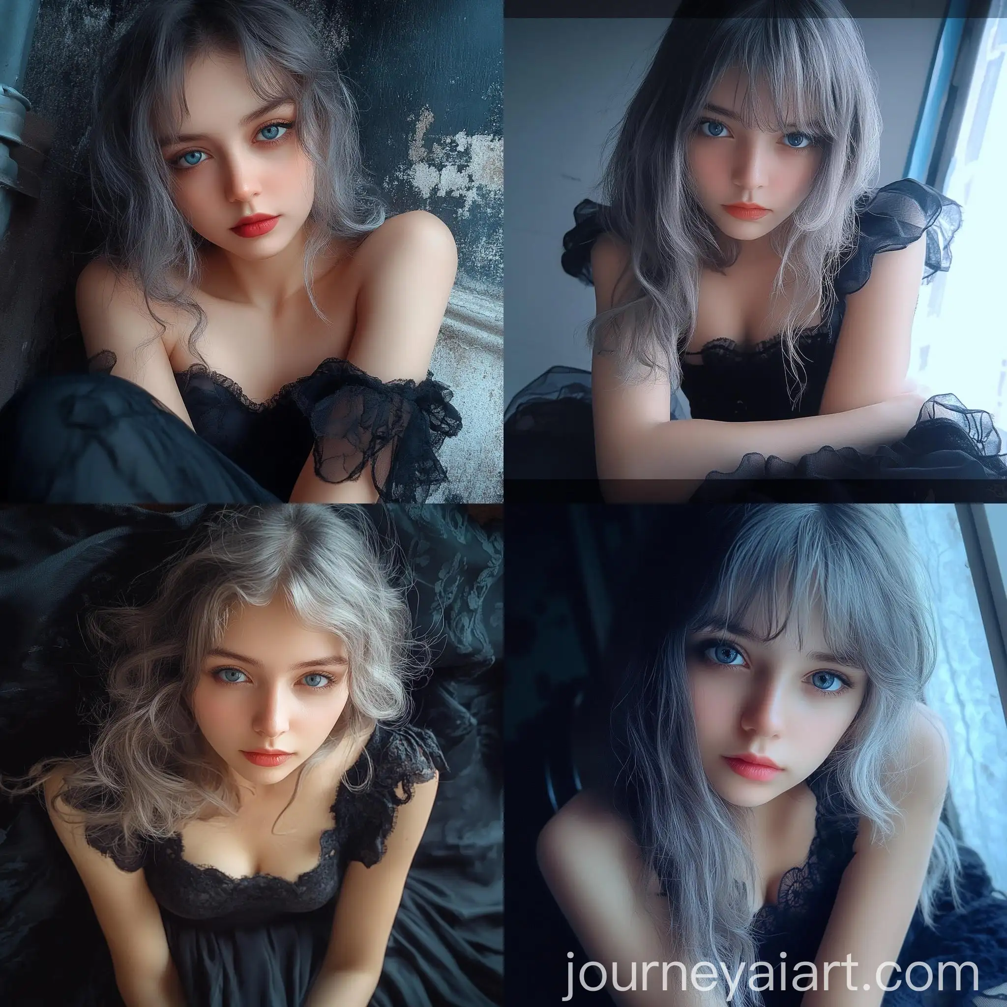 Young-Girl-with-Gray-Hair-in-Elegant-Black-Dress
