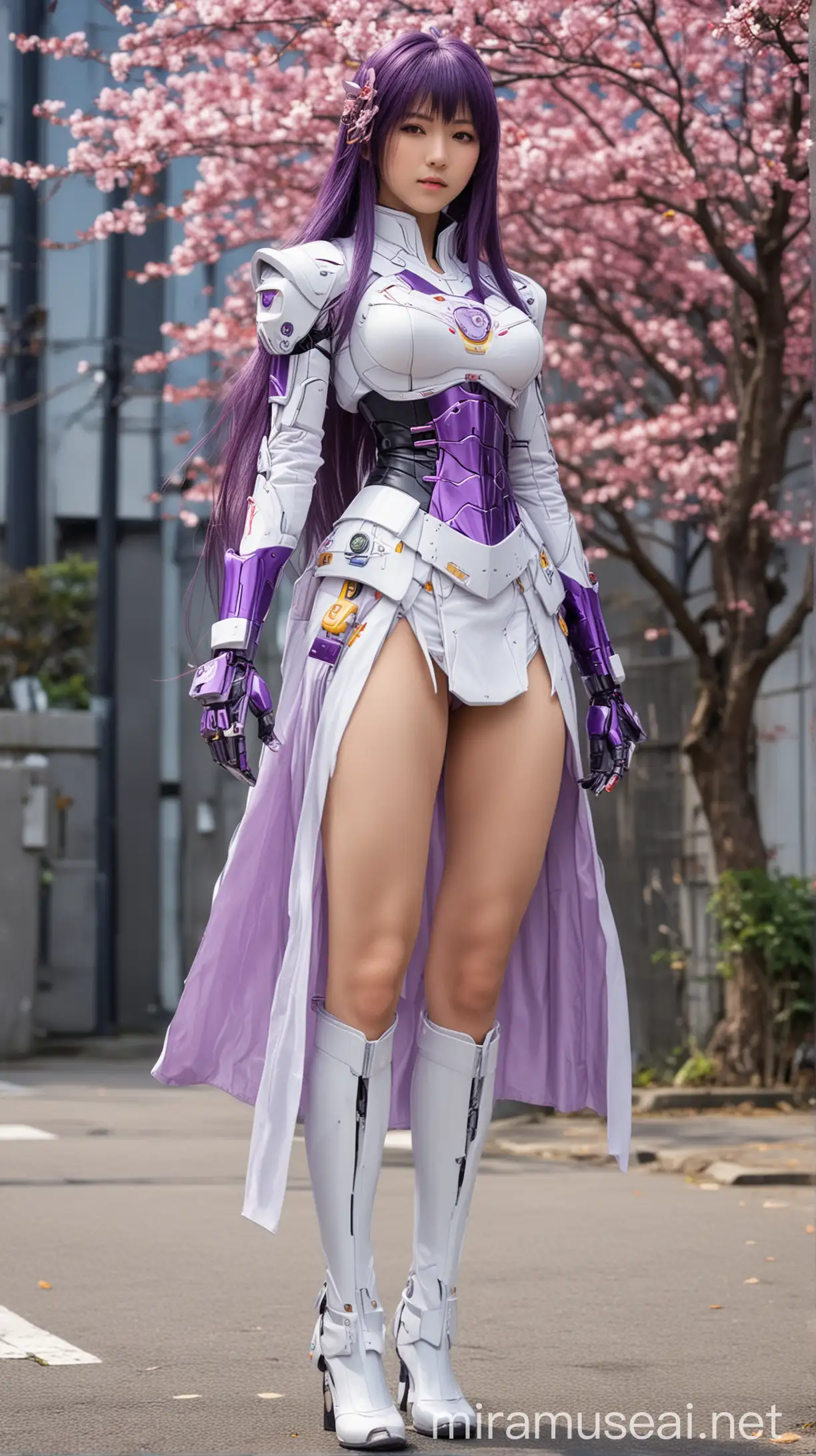 Retro Futuristic Heroine in Techno Space Purplehaired Android Woman in Armor