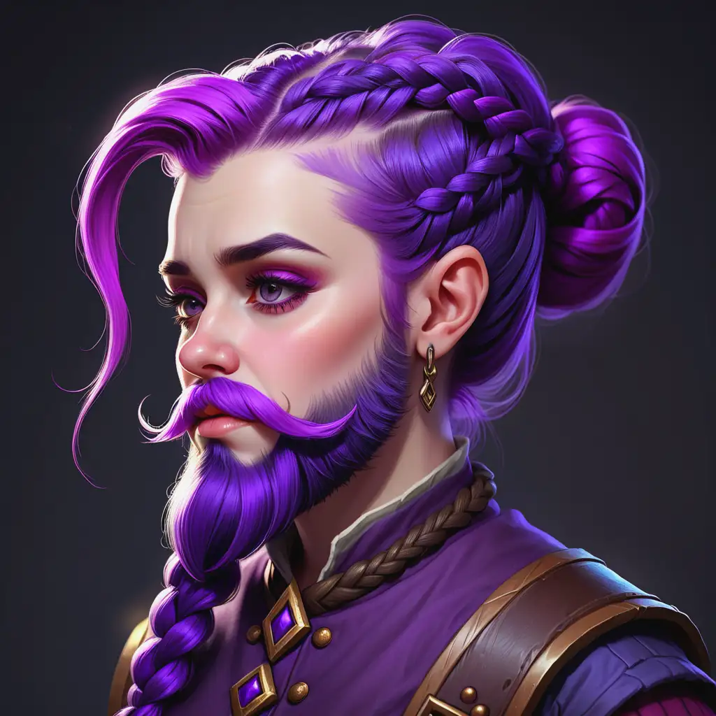 Noble Female Dwarf Bard with Bright Purple Hair and Unique Beard Style