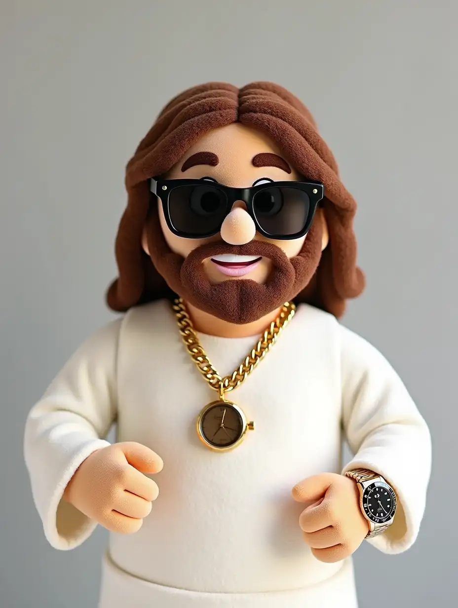 create an Amazon sales page where the product for sale is a funny plushie of Jesus with a white tunic, fashionable necklace, sunglasses, and a fashionable watch