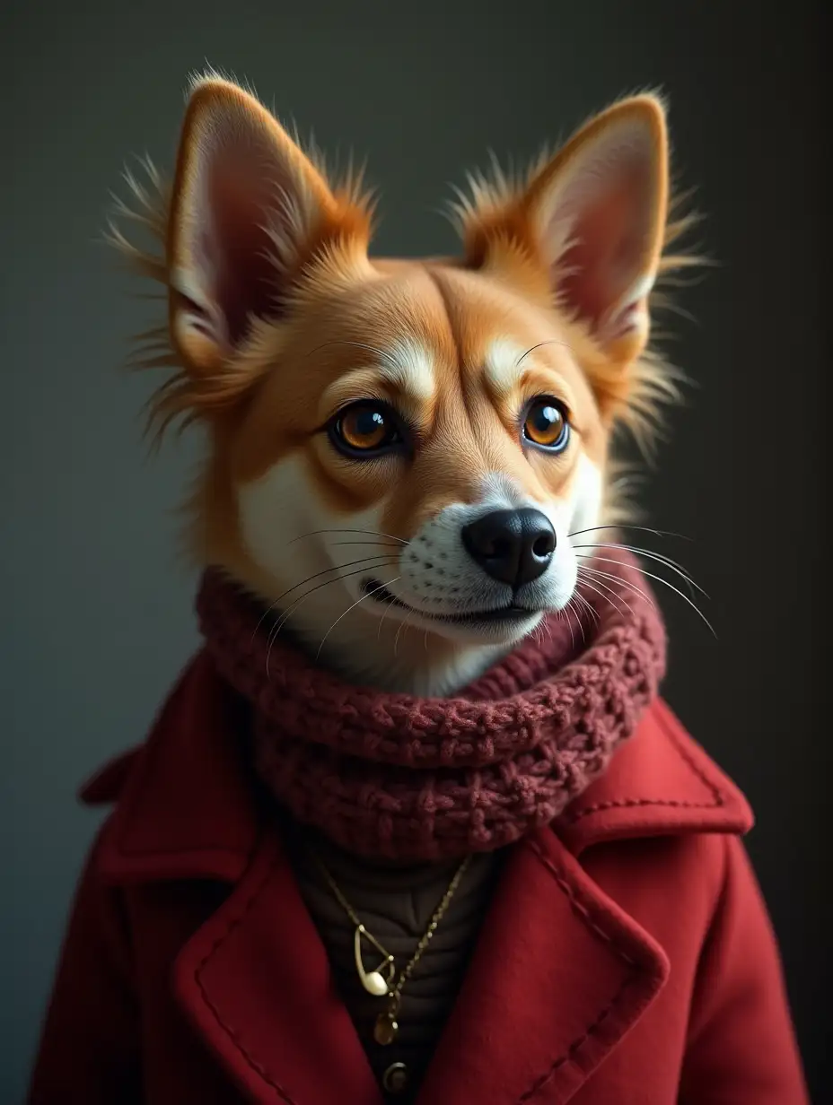 Create a photo-realistic portrait of an anthropomorphic human-dog hybrid species, with the following characteristics: The subject should have a blend of human and canine facial features, including pointed ears, soft light brown fur, and distinctive whiskers. The face should also feature natural freckles. The eyes should be a mix of human and dog-like qualities, almond-shaped and expressive. The subject should have slightly tousled, natural-looking hair that complements the fur. The attire should include a red-colored textured wool coat and a cozy knitted scarf, adding warmth and depth to the image. The expression should be calm and contemplative, with slightly parted lips, and the posture should be in a three-quarter view, looking off to the side. The background should be minimalistic and neutral to ensure the focus remains on the subject’s unique appearance, with muted tones that contrast the subject’s vibrant features. The overall aesthetic should be a harmonious blend of human and feline elements, creating an intriguing and captivating portrait, advertising photo shoot lighting, super high definition, detail Hi-Res, photo-realistic, cinematic lighting, no human ears, moody atmosphere, midday light, cinematic, photo-realistic, raw, IMG_2543.HEIC