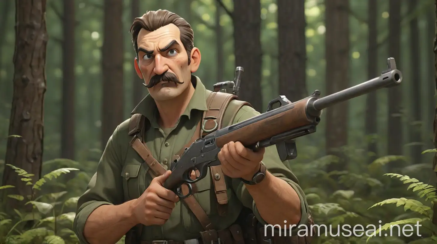 Hunter with Karabiner Gun and MiddleAged Man with Big Moustache in Forest