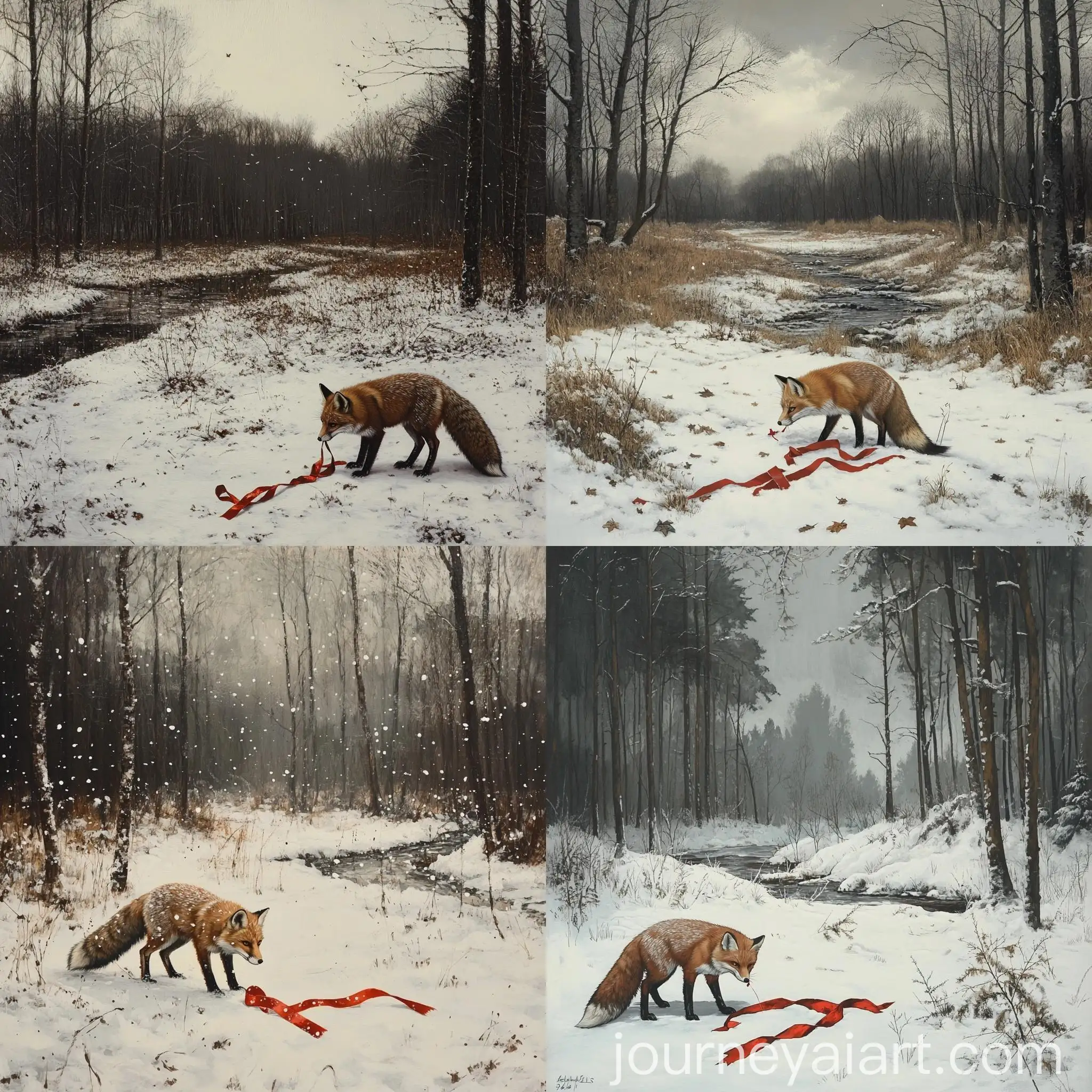 Fox-Investigating-Red-Ribbon-in-Snowy-Forest-Meadow