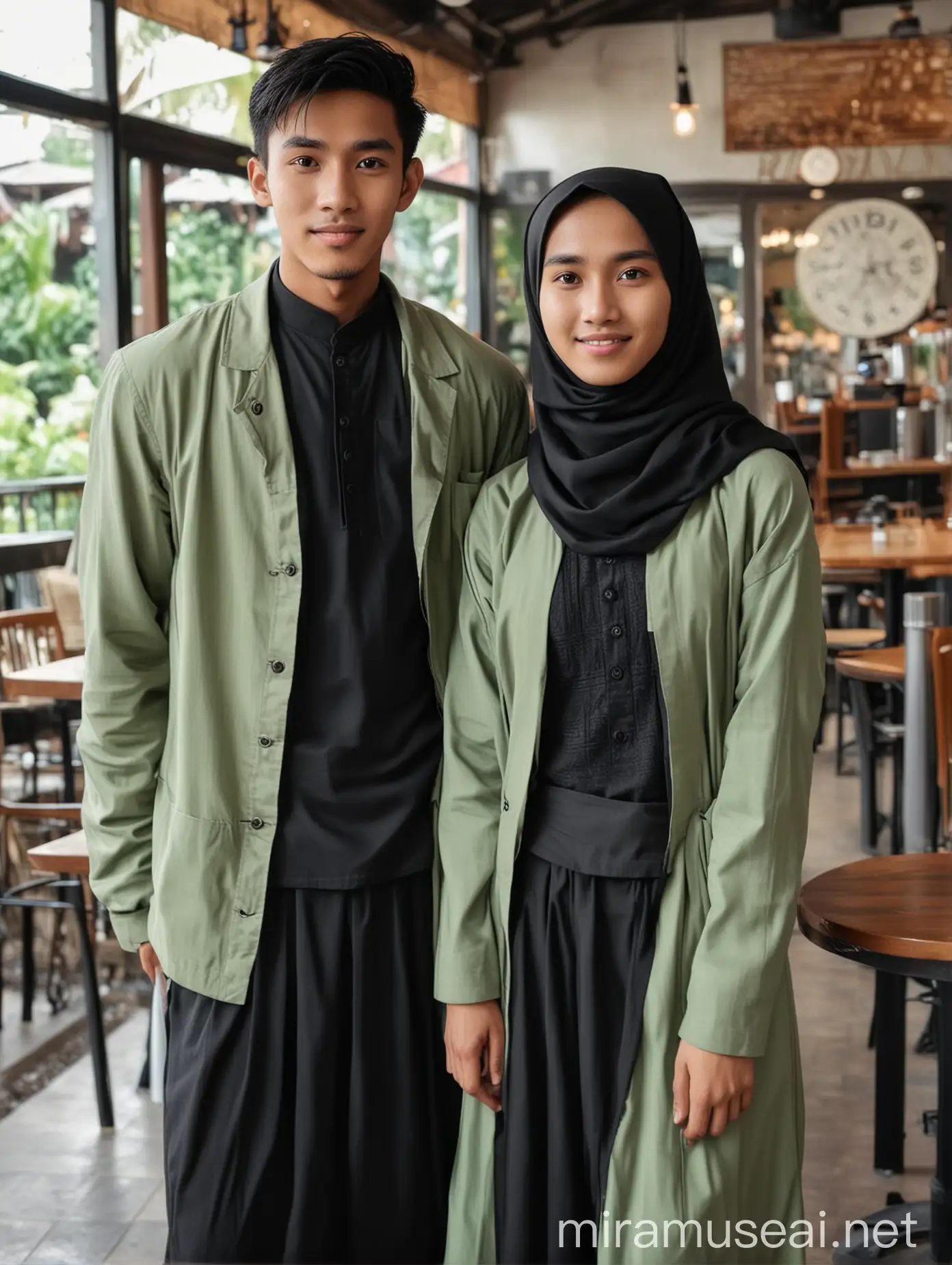 Young Indonesian Couple Posing in Morning Cafe