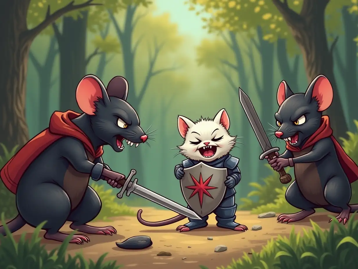 Background - summer forest. A tiny angry white humanoid kitten in knight's armour, hiding behind a shield, fending off two large humanoid black rats with a sword. A black rat tail lies on the ground. The rats have snarling faces, dressed in hoodies. Both rats are armed with clubs, one rat is missing a tail. Two rat paws stick out from under the picture, the right one clutching a club. Cartoon style.