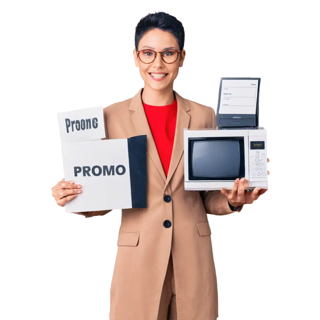 A happy television seller, dressed in professional attire and wearing a name badge, holding a microwave oven in one hand and a sign with the word PROMO in the other hand