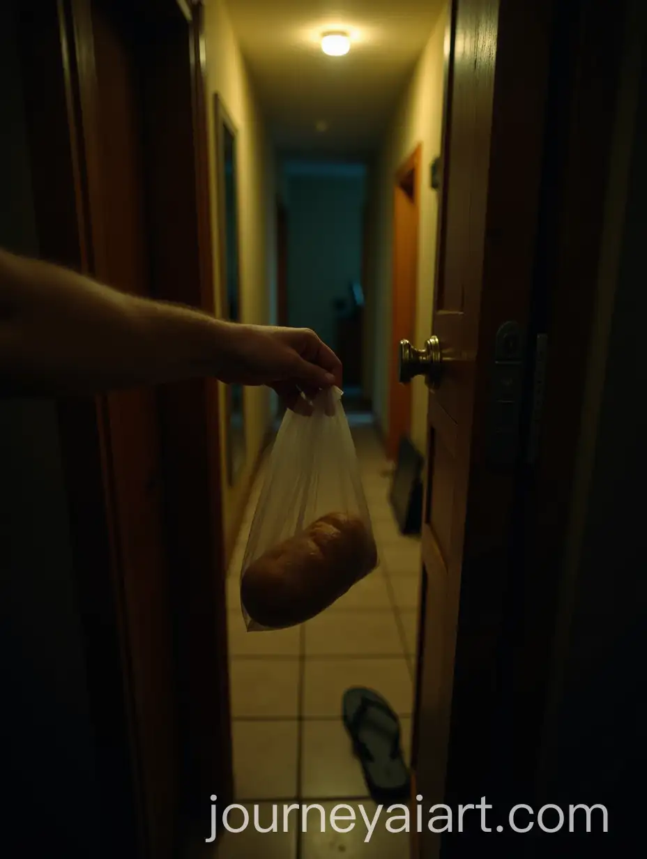 Man-Turning-Key-in-Old-Wooden-Door-with-Leftover-Bread-in-Hand