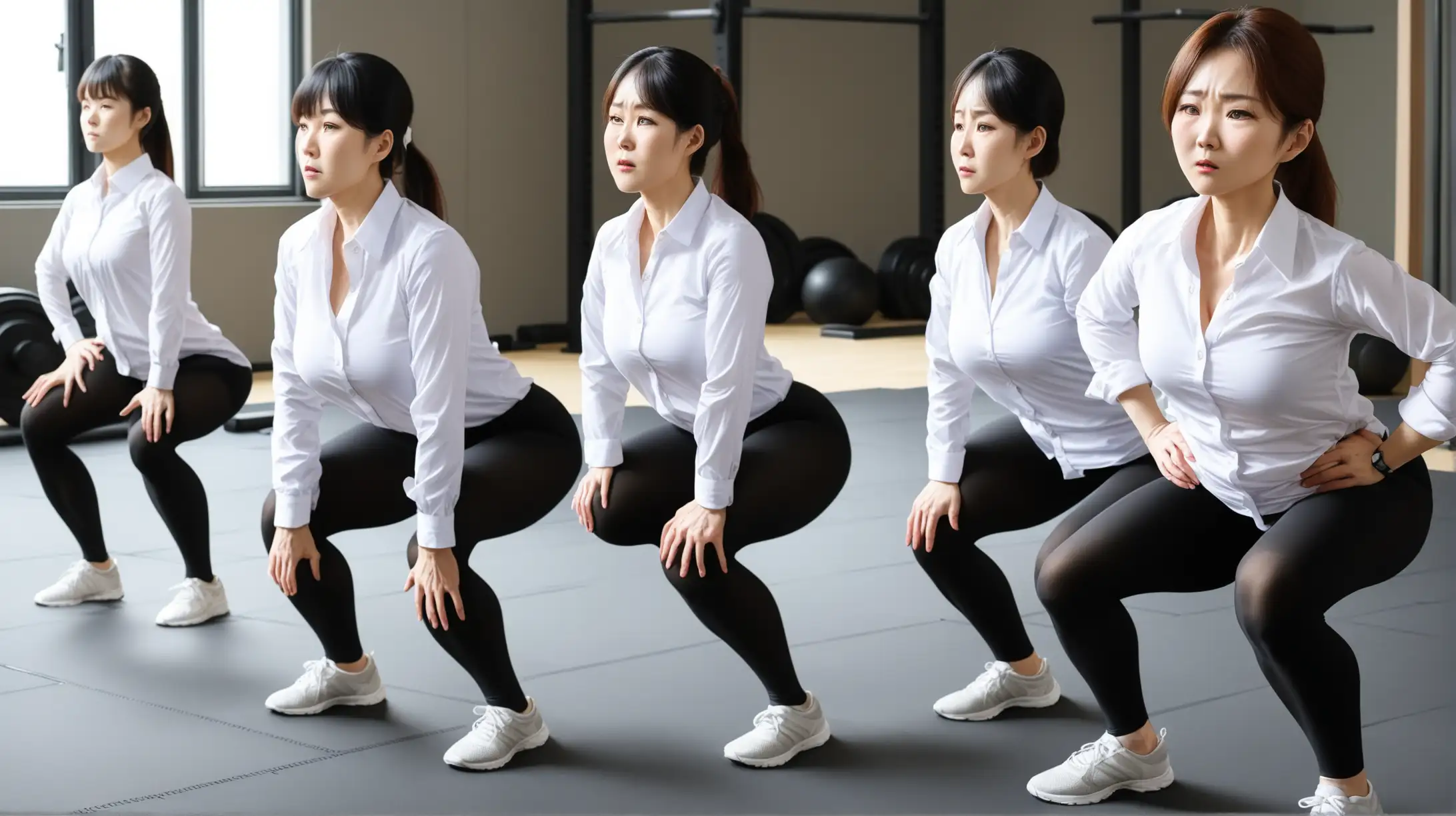 Korean Women Doing Squats Exercises in Untucked White Button Down Shirts and Black Tights