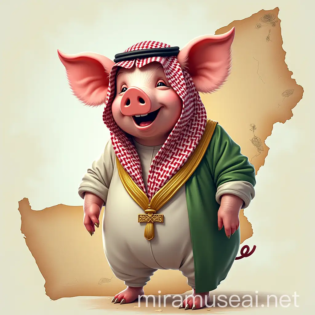 Laughing Wireless Pig in Saudi Attire on Arab Nation Map