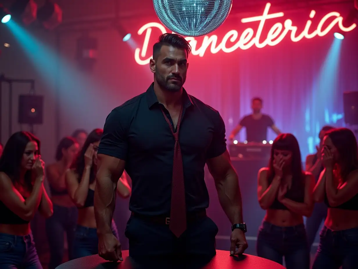 Macho-Italian-Bodybuilder-in-Disco-with-Sobbing-Women-and-Neon-Lights