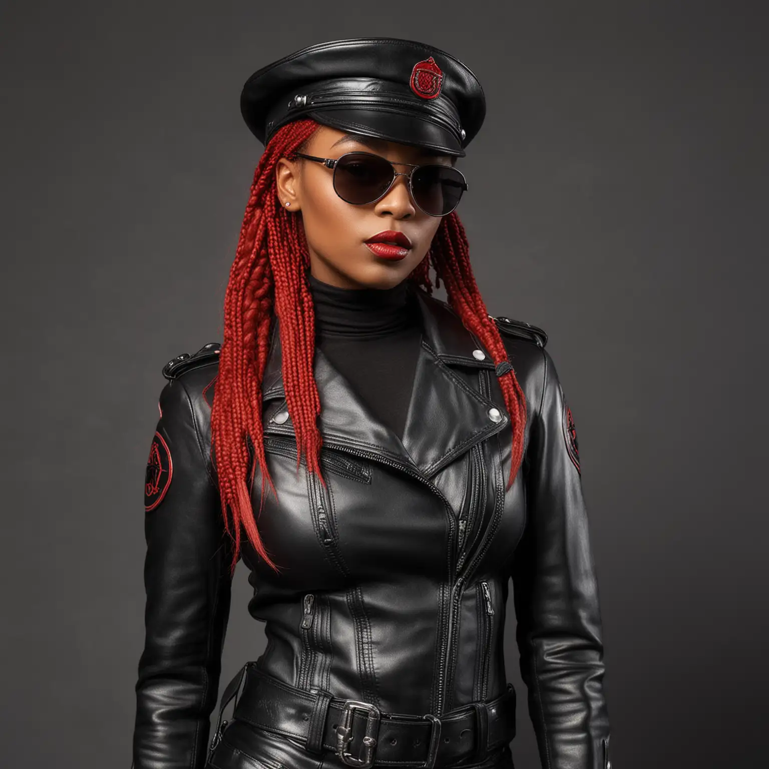 Dominant-Black-Woman-in-Leather-Motorcycle-Jacket-and-Sunglasses-Surrounded-by-Others