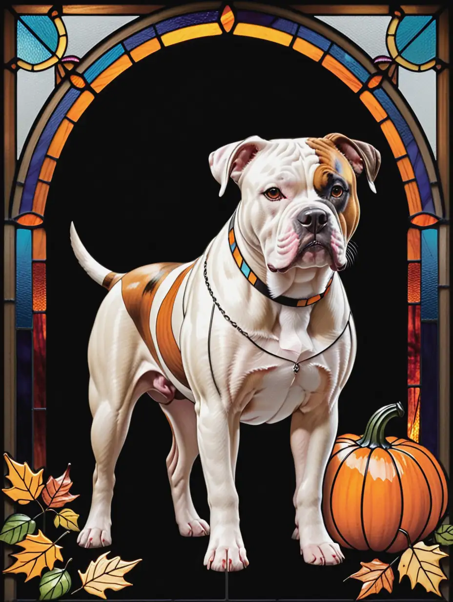 American Bulldog with Pumpkin and Fall Leaves in Stained Glass Design