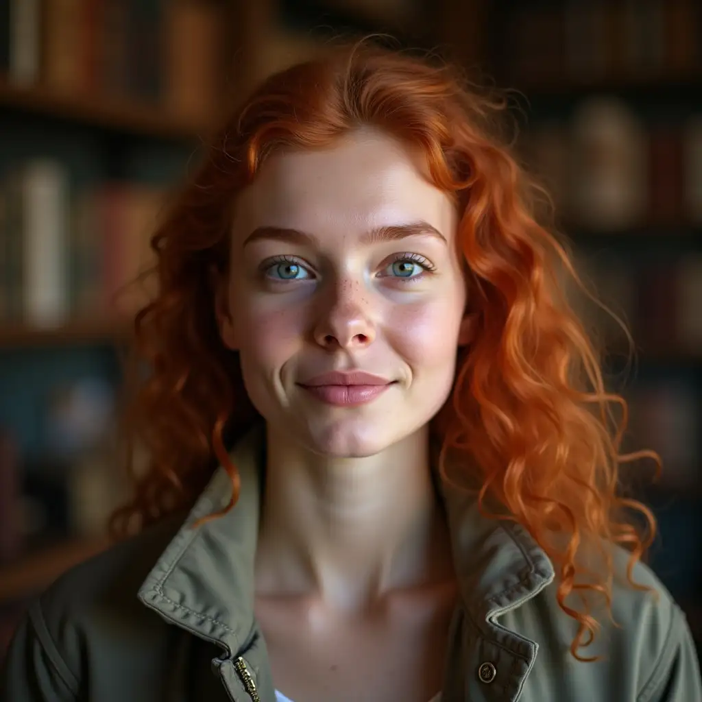 University researcher with tuscan gardens or library academic background. centered in frame. Close-up view showing head and upper torso. Realistic photographic style. Natural professional front light like a professional photo in a studio. Polish young adult with strong polish features, red hair, chubby, small ring in her nose.