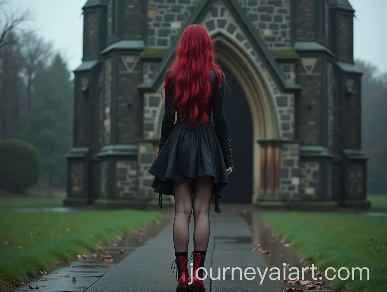 Gothic-Girl-in-Transparent-Stockings-and-Short-Skirt-Posing-in-the-Rain-Near-Church