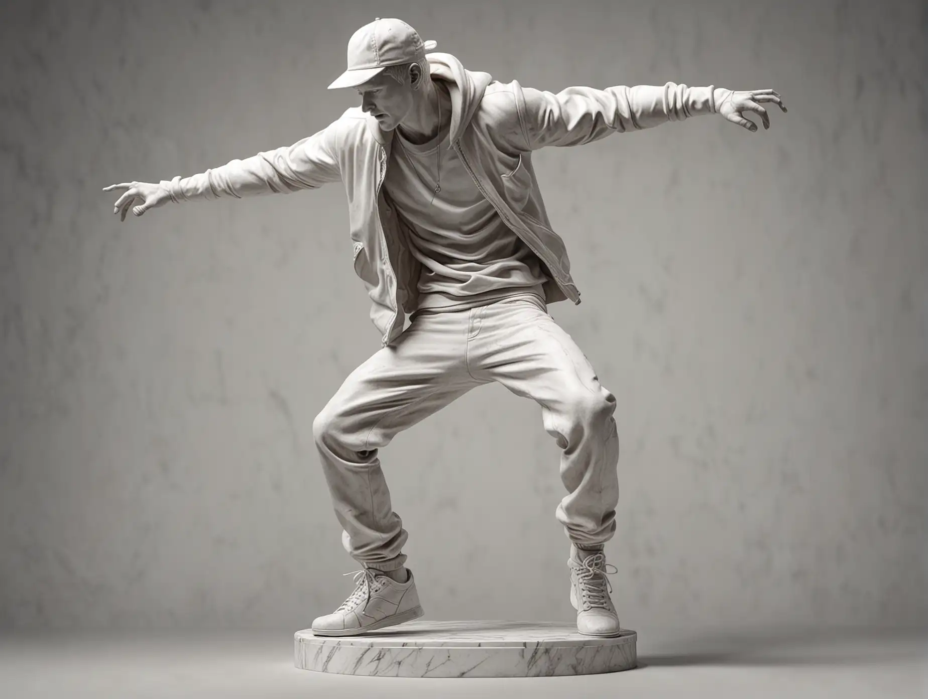 photo of a white marble statue of a man dancing hip-hop, in motion, photorealism, style raw