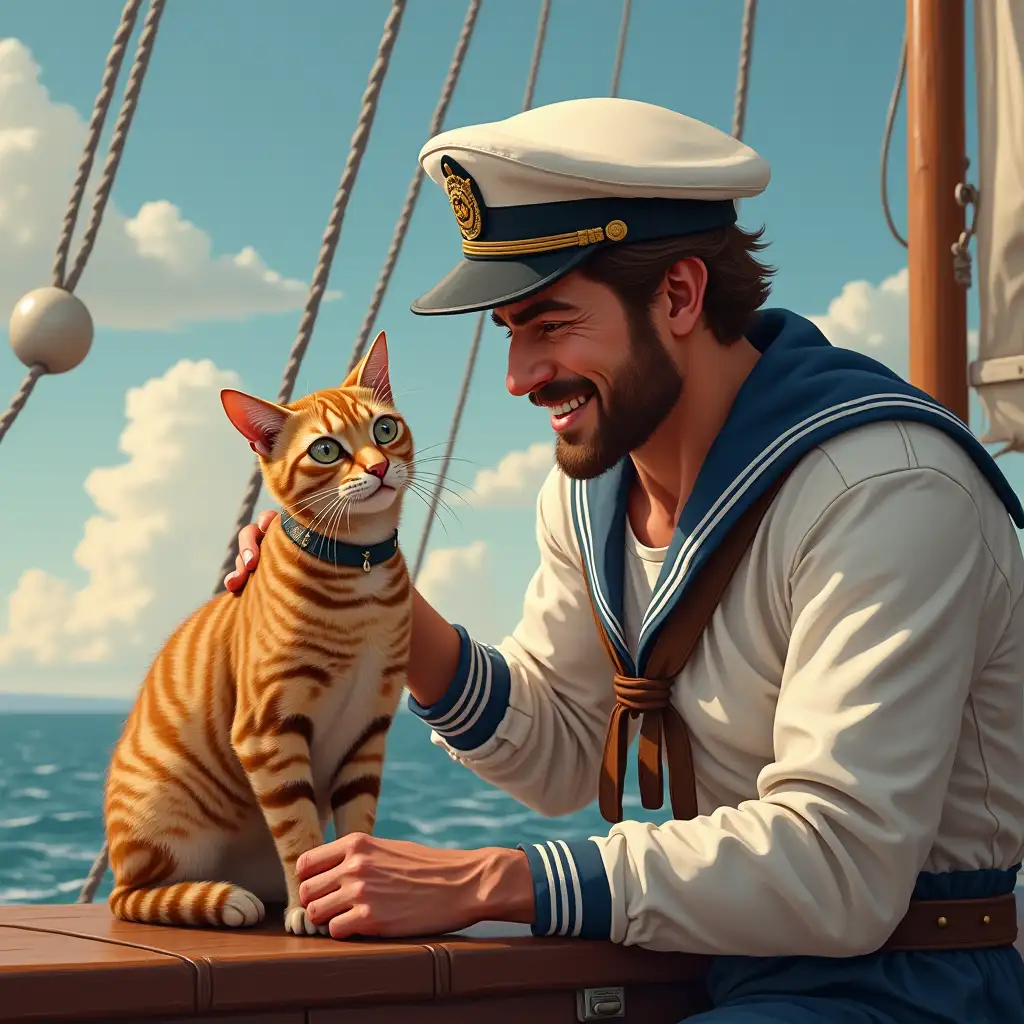 A happy sailor is stroking a cat