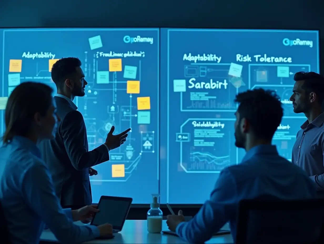 A corporate brainstorming session where a diverse group of professionals discusses strategies, with sticky notes, flowcharts, and graphs displayed on a collaborative screen. Keywords like 'Adaptability,' 'Risk Tolerance,' and 'Scalability' are visible. Blue and metallic tones dominate, with subtle holographic patterns blending into the scene to evoke AI governance themes.