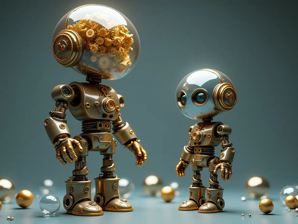 Create a high-resolution, realistic image of artificial intelligence Fractal Robert, two meters tall and a robot one meter tall, with gears on arms and legs, gears on cheeks and a glass head with visible gold plated brain, screws with many gears, and many small glass spheres on the floor in 4k resolution.